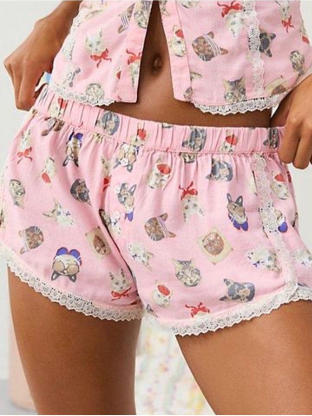 Urban Outfitters Pink Cat-Print Lace-Trim Pajama Shorts